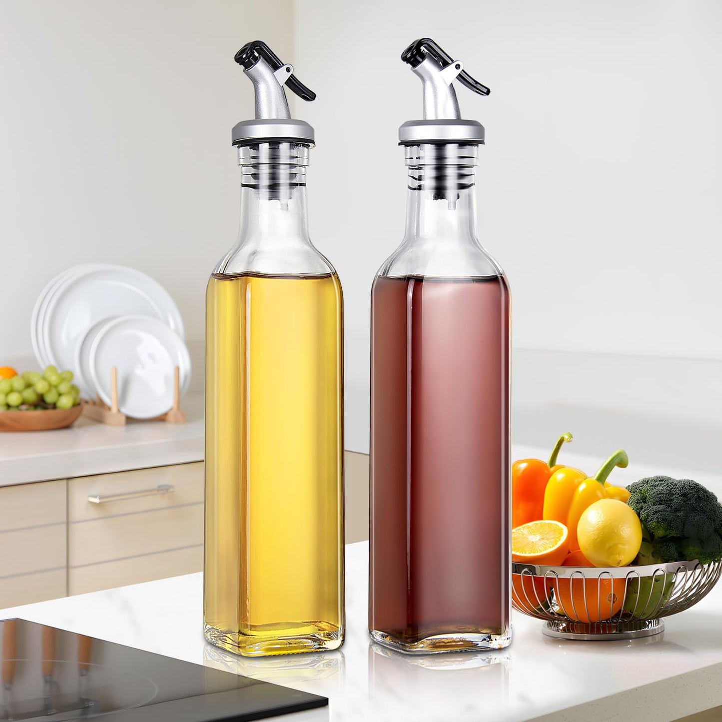 Leak-Proof Clear Glass Oil Dispenser Bottle, Oil & Vinegar Cruet Dispenser Bottle (pack of 2)